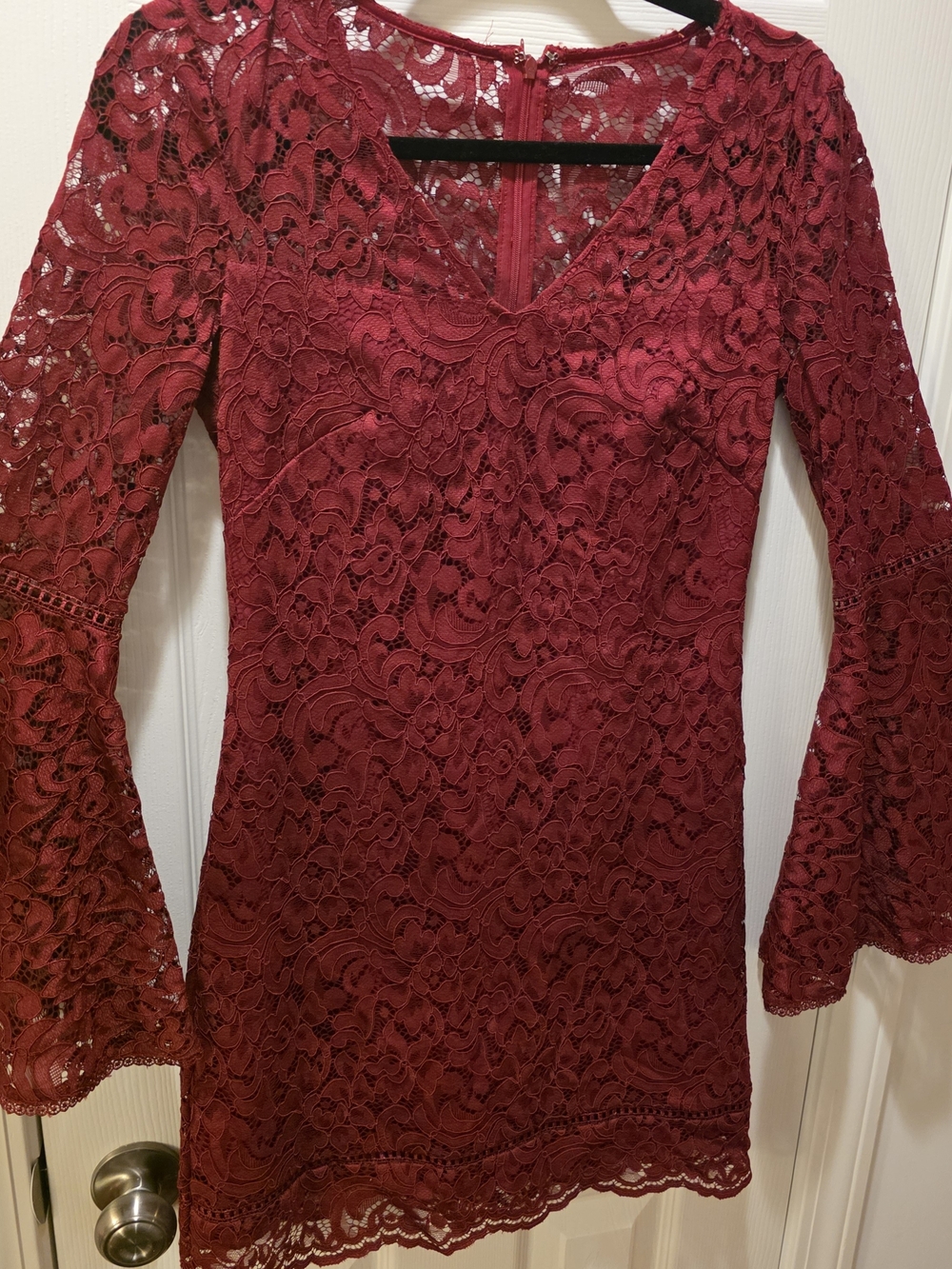 White House Black Market Burgundy Lace Long- Bell Sleeve V-Neck Dress